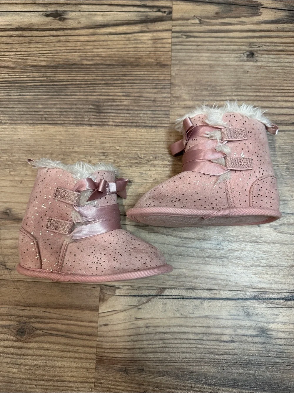 Baby Pink Faux-Fur Lined Booties with Satin Ribbon